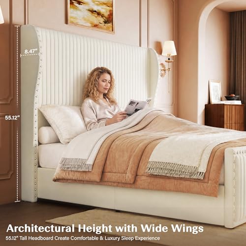 Queen Size Bed Frame with 55" Headboard Nailhead Trim Design, White, view 6