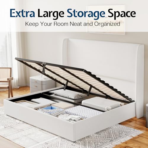 King Lift Up Storage Bed Frame, Linen Wingback Headboard, White, view 4