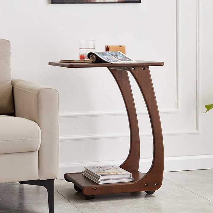 Emerson Solid Wood End Table with Rolling Wheels, C Shaped Side Table, TV Tray Table, Couch Table that Slide Under for Small Space, Living Room, Bedroom (Walnut)-Large