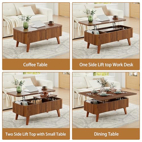 3 in 1 Lift Top Coffee Table, Fluted Convertible Coffee Tables Converts to Dining Tables, Modern Oval Wooden Center Table with Storage for Living Room Office Small Space, Partial Assembly (Walnut)