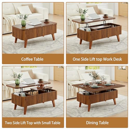 3 in 1 Lift Top Coffee Table, Fluted Convertible Coffee Tables Converts to Dining Tables, Modern Oval Wooden Center Table with Storage for Living Room Office Small Space, Partial Assembly (Walnut)