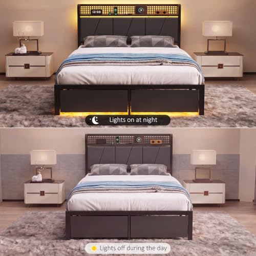 Queen Bed Frame with 2 Drawers, Platform Bed with LED Lights & Charging Station, view 8