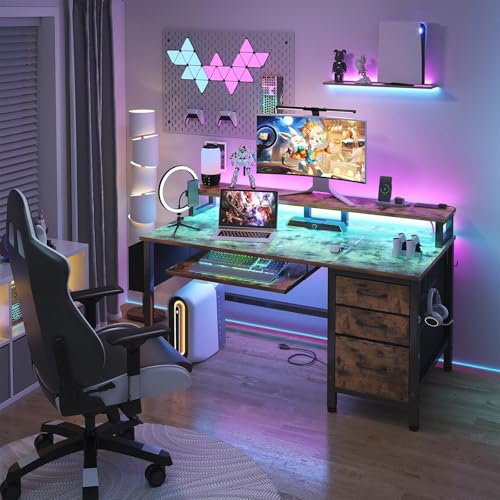 Gaming Desk with LED Lights and Power Outlets, 47 Inch Home Office Desks with Keyboard Tray, Computer Desk with File Drawers Cabinet, Writing Table PC Desks with Monitor Stand, Rustic Brown