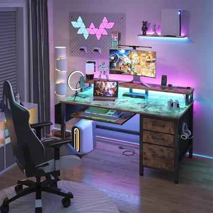 Gaming Desk with LED Lights and Power Outlets, 47 Inch Home Office Desks with Keyboard Tray, Computer Desk with File Drawers Cabinet, Writing Table PC Desks with Monitor Stand, Rustic Brown