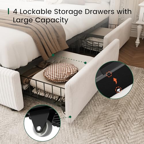 King Size Bed Frame with 4 Storage Drawers Modern White Corduroy Upholstered, view 5