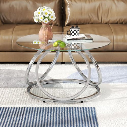 Silver Coffee Table, Modern Glass Coffee Table Living Room Table with Ring-Shaped Frames, Glass Coffee Table for Home&Office, Chrome Finish, 1 PC | Modern