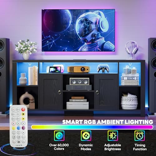 TV Stand for TVs 80 inch with LED Lights & Power Outlet, Entertainment Center with Cabinets, Adjustable Shelves and Open Shelves, Modern Media TV Console Living Room, Black