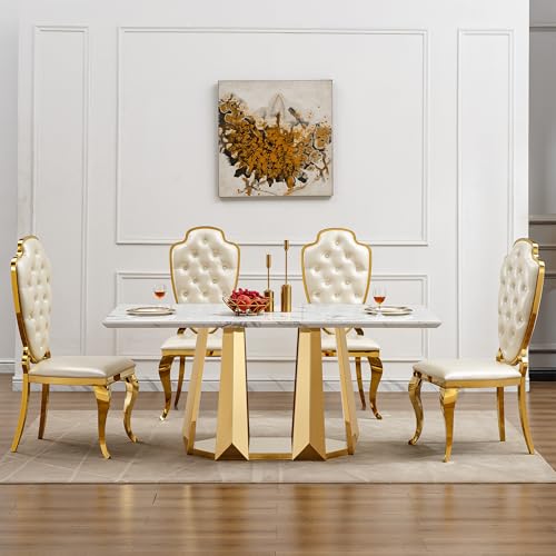 Marble Dining Table for 6 People, 70'' Rectangle Faux Marble Dining Table with Mirrored Stainless Steel Base, Large Size Marble Kitchen Table (Gold,White)(only Table)