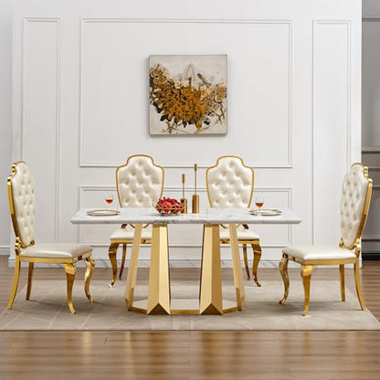 Marble Dining Table for 6 People, 70'' Rectangle Faux Marble Dining Table with Mirrored Stainless Steel Base, Large Size Marble Kitchen Table (Gold,White)(only Table)