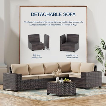 6PCS Outdoor Patio Furniture Set PE Wicker Rattan Sectional Sofa Patio Conversation Sets,Khaki
