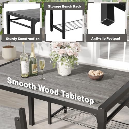 43.3" Dining Table Set for 4, Kitchen Table with Bench & 2 Chairs Modern Rectangular Metal Frame Dining Furniture Set for Small Space (Grey)