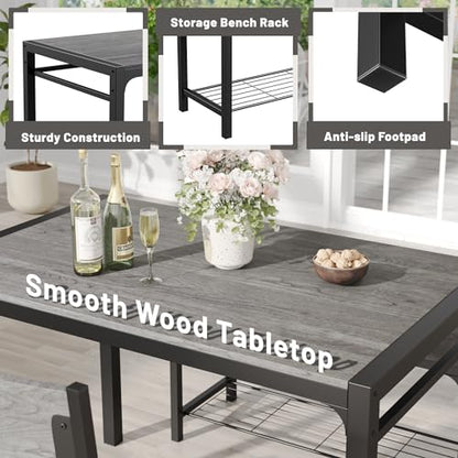 43.3" Dining Table Set for 4, Kitchen Table with Bench & 2 Chairs Modern Rectangular Metal Frame Dining Furniture Set for Small Space (Grey)