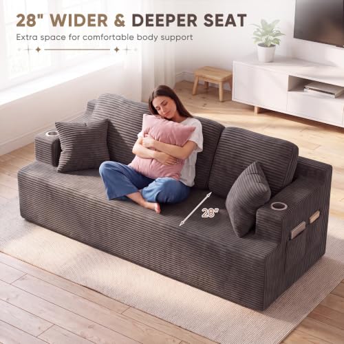 87” Boneless Sofa Couch with 2 Pillows Extra Deep Seats, Corduroy Fabric 3 Seater Sofa for Living Room with Cup Holder & Storage Pocket Upholstered Floor Sofa Easy Installation (Grey, 3 Seater)