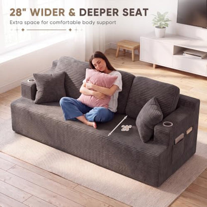 87” Boneless Sofa Couch with 2 Pillows Extra Deep Seats, Corduroy Fabric 3 Seater Sofa for Living Room with Cup Holder & Storage Pocket Upholstered Floor Sofa Easy Installation (Grey, 3 Seater)