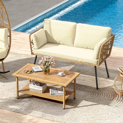 2 Pieces Patio Furniture Set, All-Weather Wicker Rattan Loveseat with Thick Cushions & Table, Outdoor Conversation Set for Patio, Balcony, Backyard, Deck, Poolside