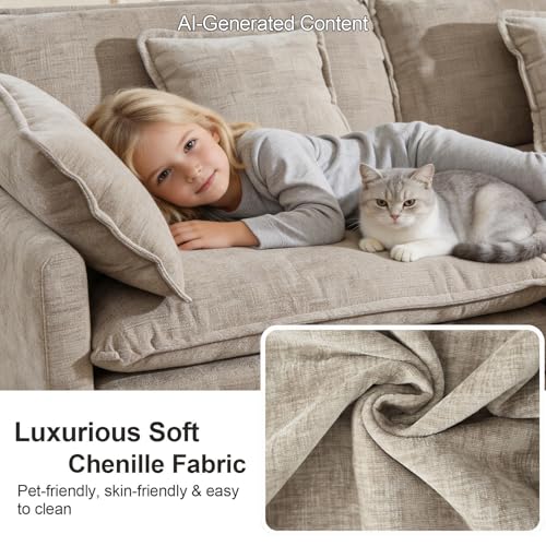 76.7" Cloud Sofa Couch, Modern Chenille Deep 2 Seater Loveseat with Moveable Ottoman and 4 Pillows, Comfy Modular L Shaped Couches for Small Living Room, Apartment, Studio, Office, Camel