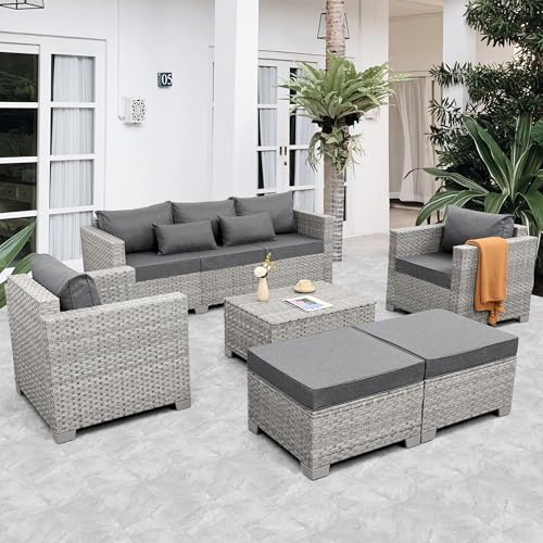 Patio Furniture Set 6 Piece PE Rattan Outdoor Conversation Sets Grey Wicker Couch Sectional Sofa with Storage Coffee Table and Grey Cushion