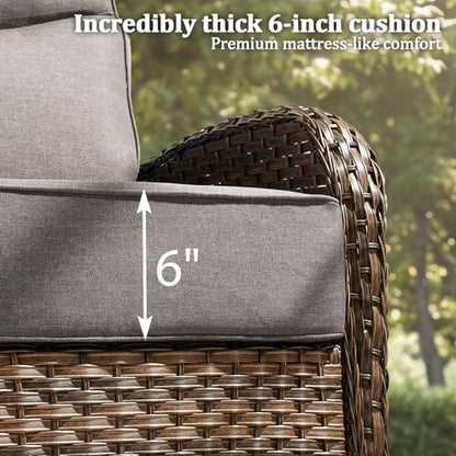 Outdoor Swivel Rocking Chair Patio Set (9pcs) High-Back - Thick Cushion Swivel Rocking Chair Patio with Fire Table Set, All-Weather Wicker Patio Furniture Set, Suitable for Balcony Patios, Brown/Gery