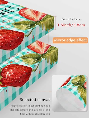 NuYeBiofx Summer Strawberries Teal Buffalo Canvas Wall Art Prints,30"x20" Framed Picture Artwork Watercolor Fruit Flower Leaf Printed Canvas Oil Painting for Living Room Bedroom Office,Ready to Hang