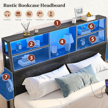 King Bed Frame with 3-Tier Storage Headboard&2 Drawers, Noise-Free, view 5