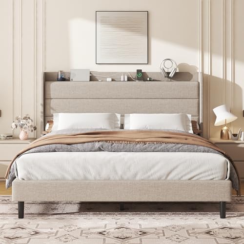 Queen Linen Multifunctional Bed with Charging Station & Storage Headboard, view 2