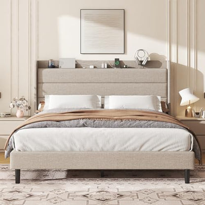 Queen Linen Multifunctional Bed with Charging Station & Storage Headboard, view 2