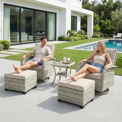 5-Piece Small Patio Furniture Set, Outdoor Swivel Rocking Chairs Set with Ottomans, Patio Bistro Set for Balcony, Deck, Porch, Khaki