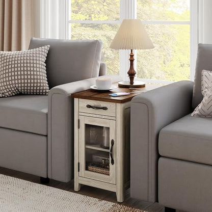 End Table with Charging Station, Modern Farmhouse Wooden Side Table with Drawer, Detachable Holder, Extra Storage & Display Space, for Living Room and Bedroom, Glass Door, Washed Grey