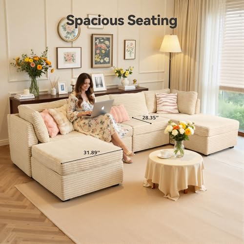 Large 6 Seat Modular Sectional Couch with Ottoman Seat Corduroy Sleeper Sectional Sofa Bed Oversized Convertible Modular Couch for Living Room
