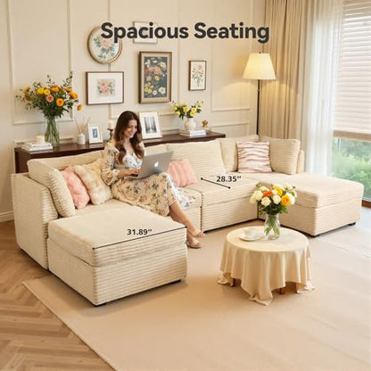 Large 6 Seat Modular Sectional Couch with Ottoman Seat Corduroy Sleeper Sectional Sofa Bed Oversized Convertible Modular Couch for Living Room