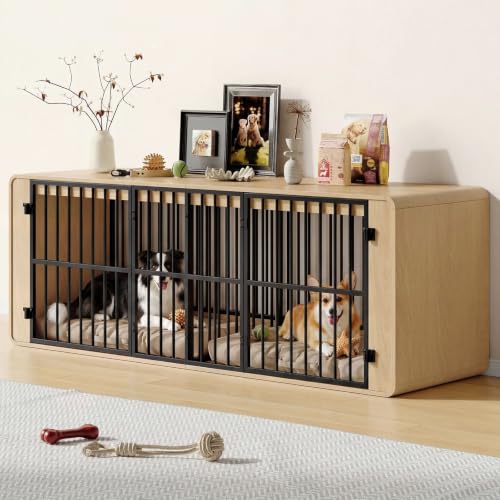 74" Double Dog Crate Furniture TV Stand for Large Dogs, Natural Oak, view 2