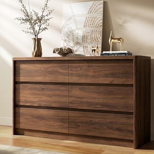 3 Pieces of Dresser and Nightstand Set,47.2 Inch Width 6-Drawer Dresser & 2-Drawer Nightstands Set of 2,Nightstand with USB&Type C Charging Station&Outlets, Modern Design for Bedroom, Walnut