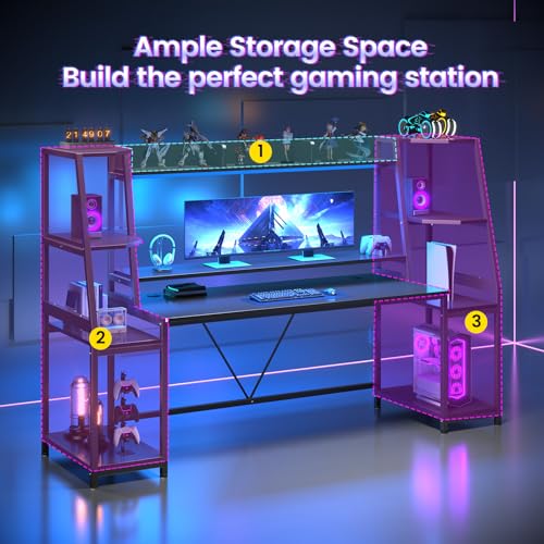 79'' Gaming Desk with LED Lights, Hutch and Storage Shelves, Black, view 6