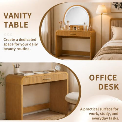 Makeup Vanity Desk with LED Mirror, Drawer and Curved Edges Natural, view 5