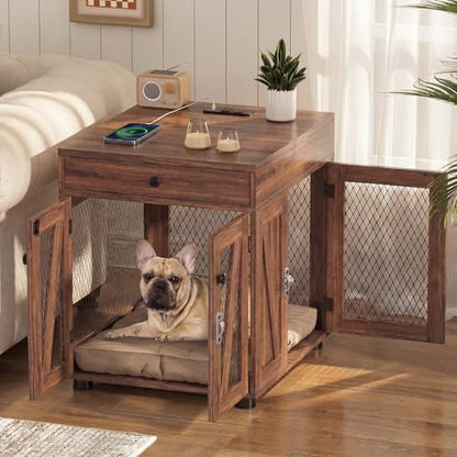 Wooden Dog Crate End Table with USB Charging Station, Walnut, view 4