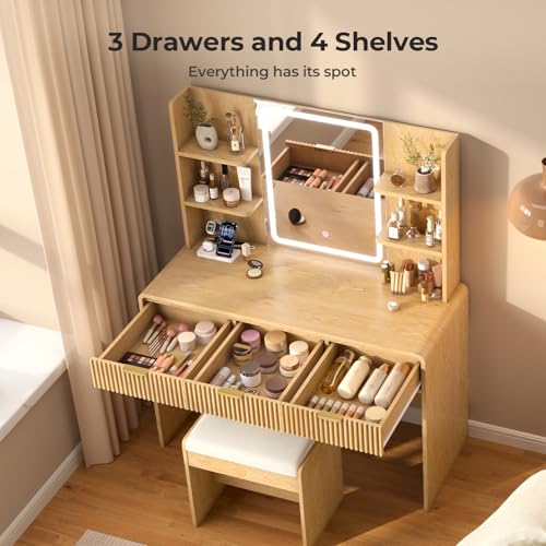 Fluted Vanity Desk with Mirror Light, Stool, Power Outlet Natural | 3 Color Touch Control Light, Fluted Wood Drawers, 3 Drawers 4 Shelves, Ideal Bedroom Furniture for Girls Age 8-16