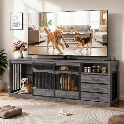 Dog Crate for 2 Large Dogs, Double Dog Crate Furniture 68.9" Grey, view 2