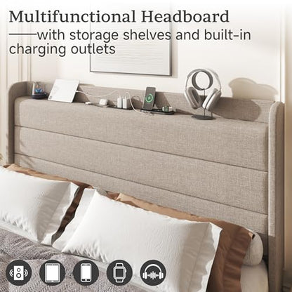 Queen Linen Multifunctional Bed with Charging Station & Storage Headboard, view 5
