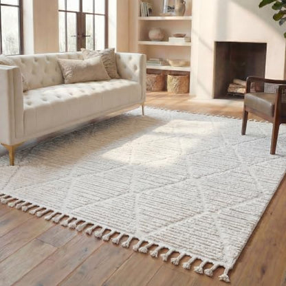 SAFAVIEH Area Rug 8x10 - Marrakesh Collection - Large - Beige, Moroccan Trellis Design with Tassel Detail, Non-Shedding & Easy to Clean, Ideal for Living Room, Bedroom, Dining Space (MRK517C)