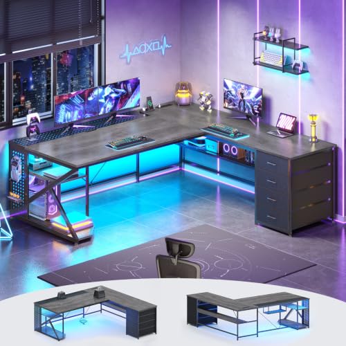 67"x 65" L Shaped Gaming Desk with 4 Drawers & Shelf Storage, Grey, view 2