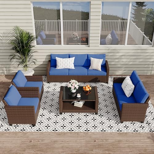 5 Pieces Patio Furniture Set, 7-Seater Rattan Wicker Patio Conversation Sets with Coffee Table, Outdoor Sectional Patio Sofa Set, Brown Rattan and Blue Cushions