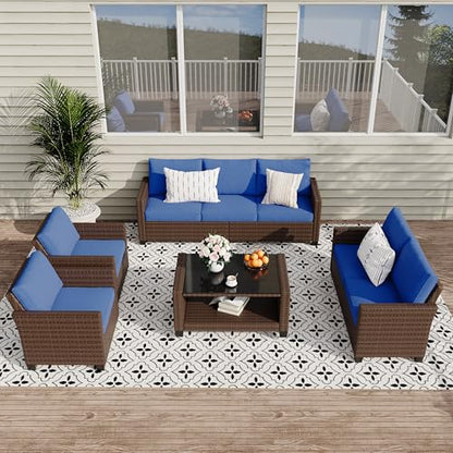 5 Pieces Patio Furniture Set, 7-Seater Rattan Wicker Patio Conversation Sets with Coffee Table, Outdoor Sectional Patio Sofa Set, Brown Rattan and Blue Cushions