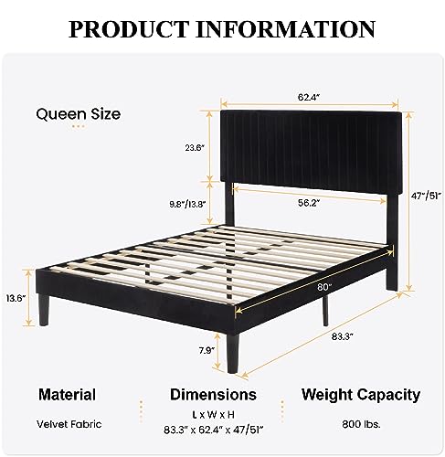Queen Velvet Platform Bed Black, view 3