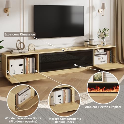94.5" Fireplace TV Stand, Fluted TV Stands for Living Room, Natural, view 5