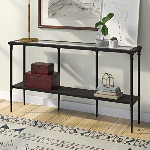 Nellie 55'' Wide Rectangular Console Table with Metal Shelf in Blackened Bronze | Two-tier design with glass top adds stylish storage and display space to entryways, hallways, living rooms, or behind sofas