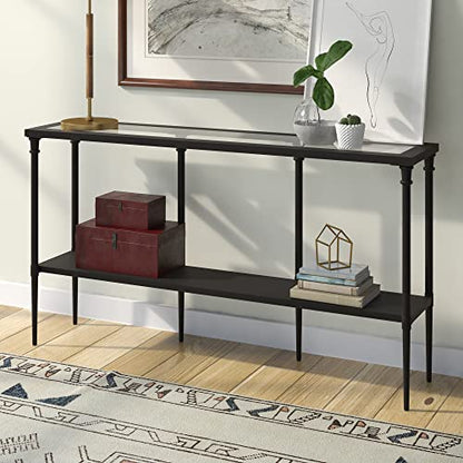 Nellie 55'' Wide Rectangular Console Table with Metal Shelf in Blackened Bronze | Two-tier design with glass top adds stylish storage and display space to entryways, hallways, living rooms, or behind sofas