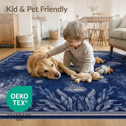 2'x3' Blue Deep Ocean Jellyfish Design Washable Doormat | Mystical Underwater World with Marine Animals Non-Slip, Low Pile for Entryway, Kitchen, Laundry Room