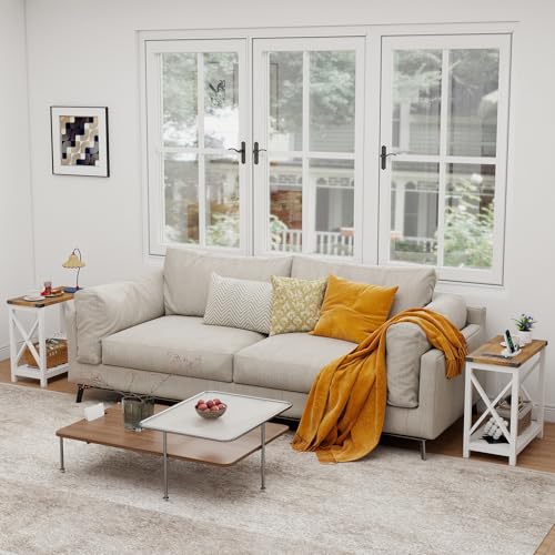 Farmhouse End Tables Living Room Set of 2, Narrow Side Table with Charging Station, Slim Nightstand for Small Space, Skinny Bedside Table, Sofa Side Table with Storage Shelf, White & Brown