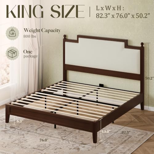 King Size Bed Frame with 50.2" Tall Upholstered Headboard, Walnut, view 3