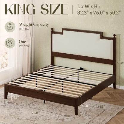 King Size Bed Frame with 50.2" Tall Upholstered Headboard, Walnut, view 3